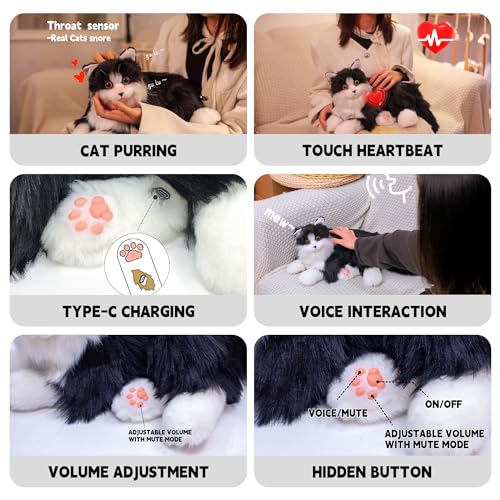 Chongker Interactive Companion Robot Pets Realistic Stuffed Animals Cat Plush Voice Heartbeat and Purring,Gifts for Parents (Black Cat)