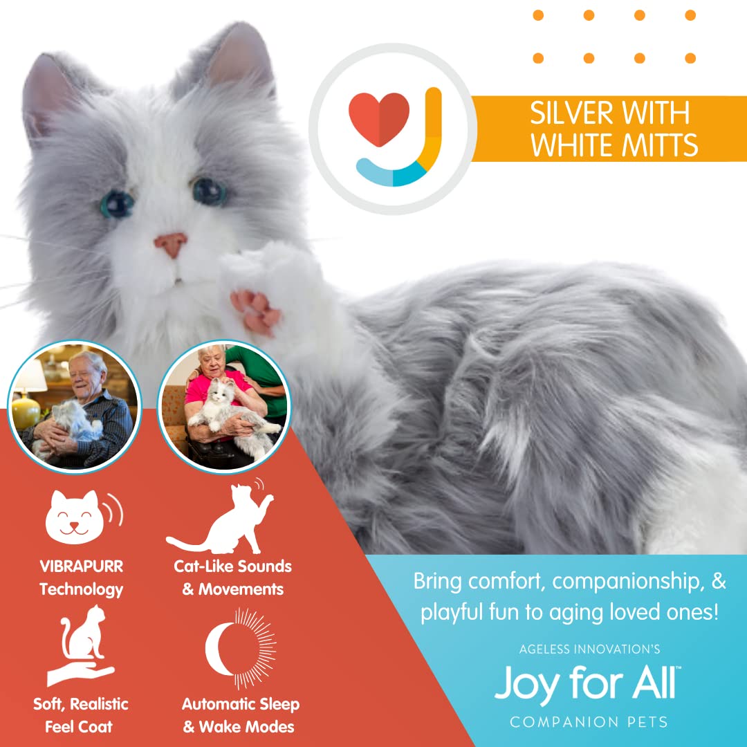 JOY FOR ALL - Silver Cat with White Mitts - Interactive Companion Pets - Realistic & Lifelike
