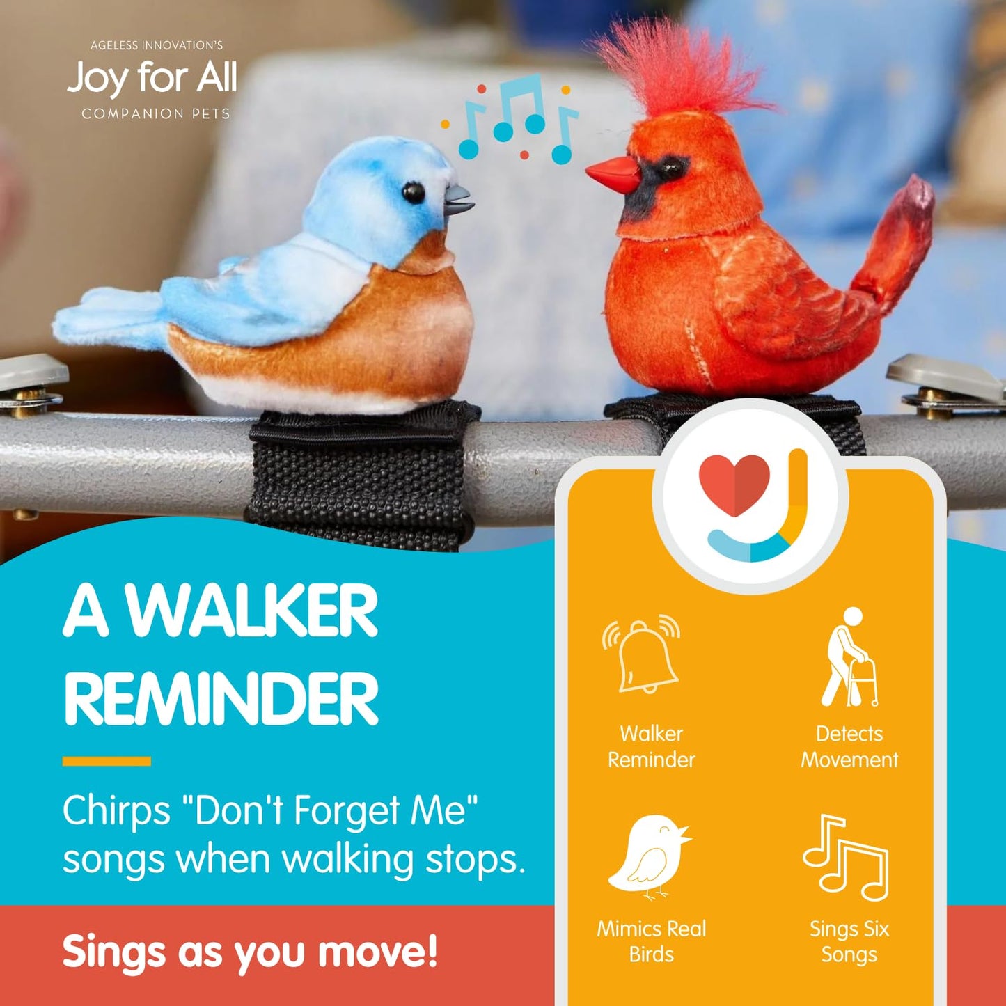Joy For All Ageless Innovation Companion Pet for Seniors - Walker Squawker - Lifelike Animatronic Bird - Interactive Chirping - Walker Accessories - Therapy Toys for Alzheimers & Dementia - Bluebird