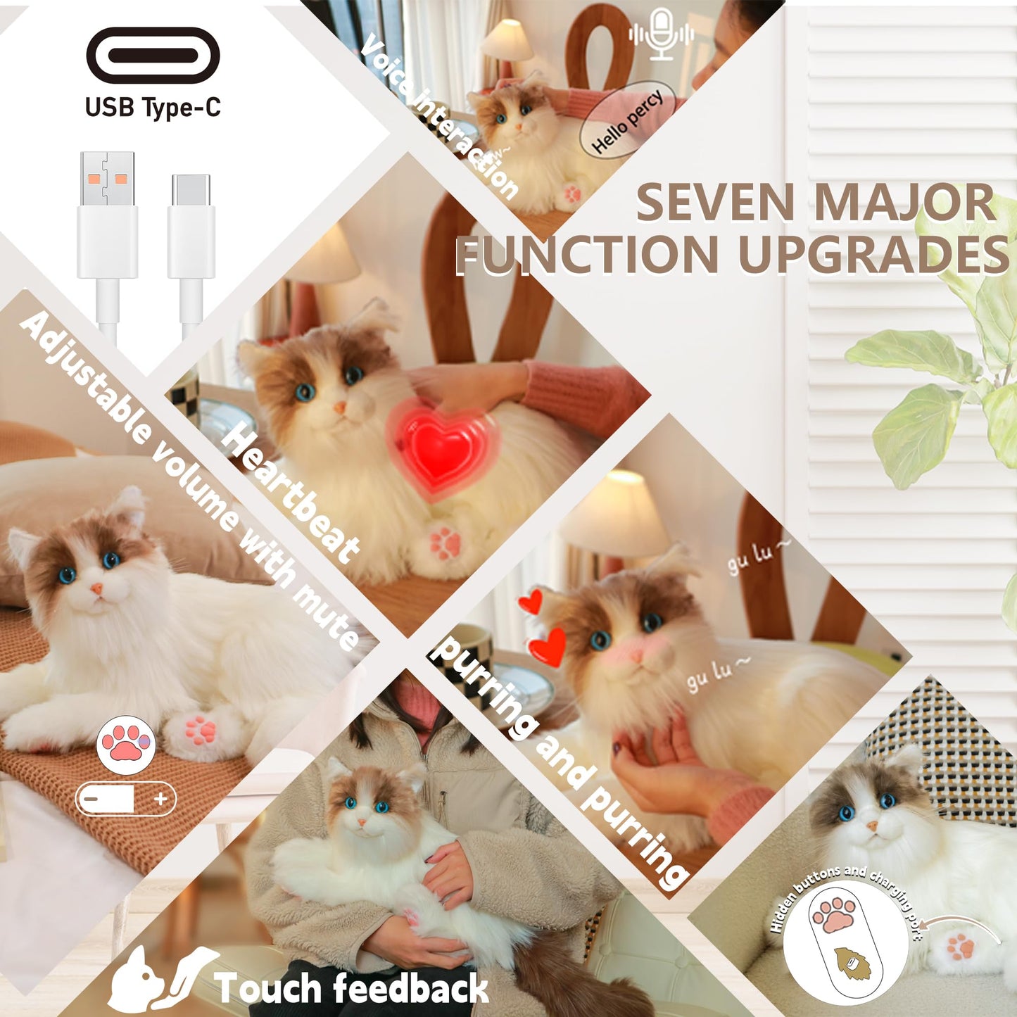Chongker Interactive Companion Robot Pets Realistic Stuffed Animals Cat Plush Voice Heartbeat and Purring,Gifts for Parents (Ragdoll Cat)