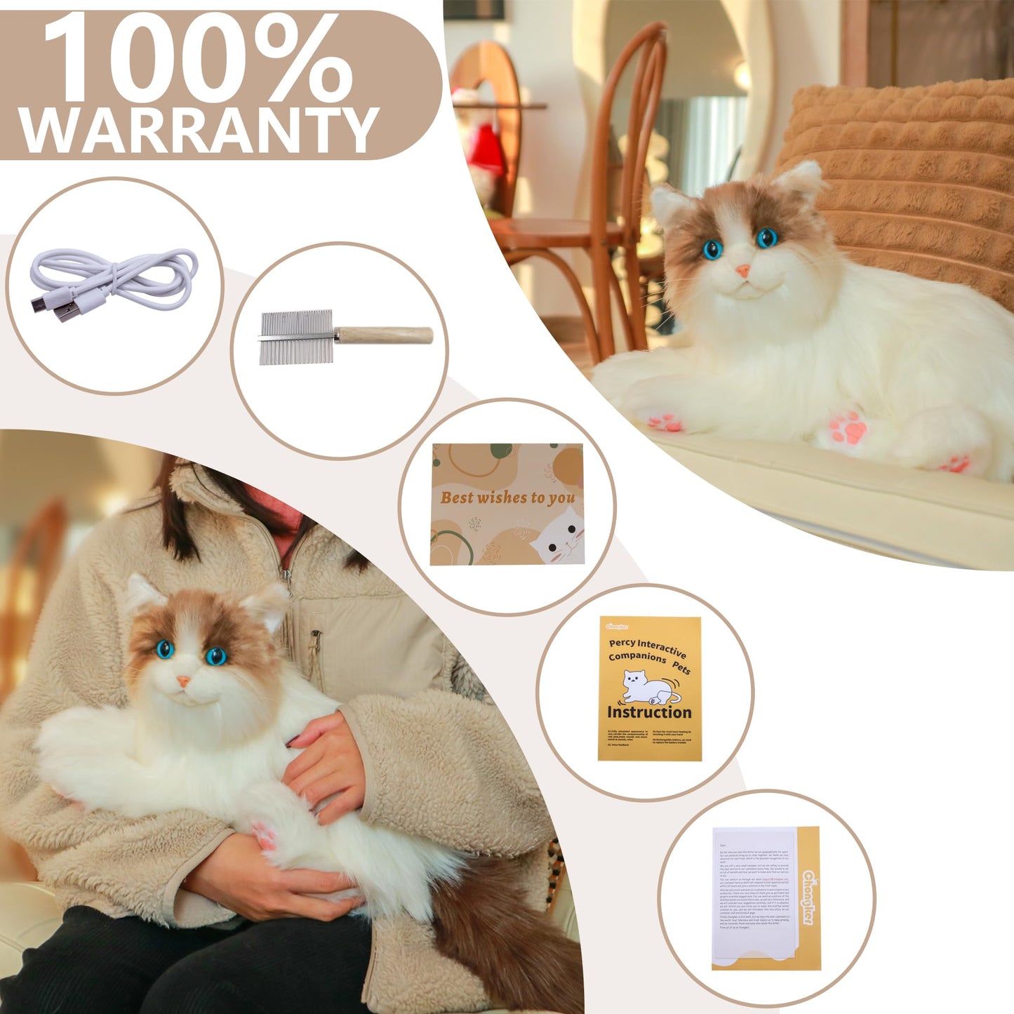 Chongker Interactive Companion Robot Pets Realistic Stuffed Animals Cat Plush Voice Heartbeat and Purring,Gifts for Parents (Ragdoll Cat)